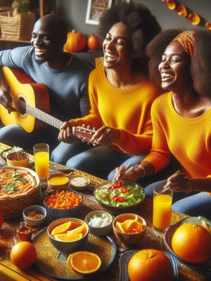 A celebration with orange in Africa, 300_200, in a house with three black people